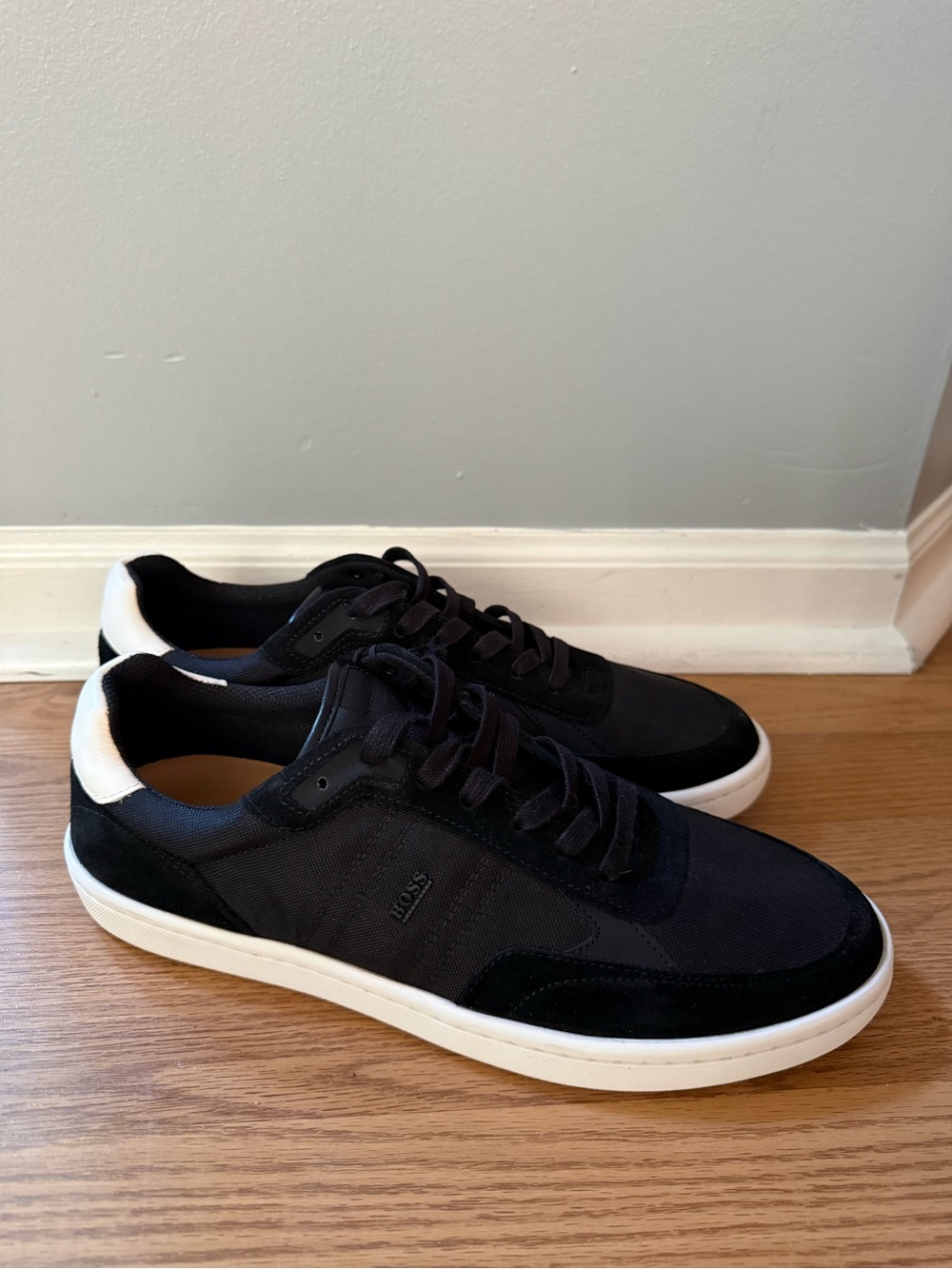 Boss Hugo Boss Ribeira Black Low-Top Suede Sneakers with White Heel
